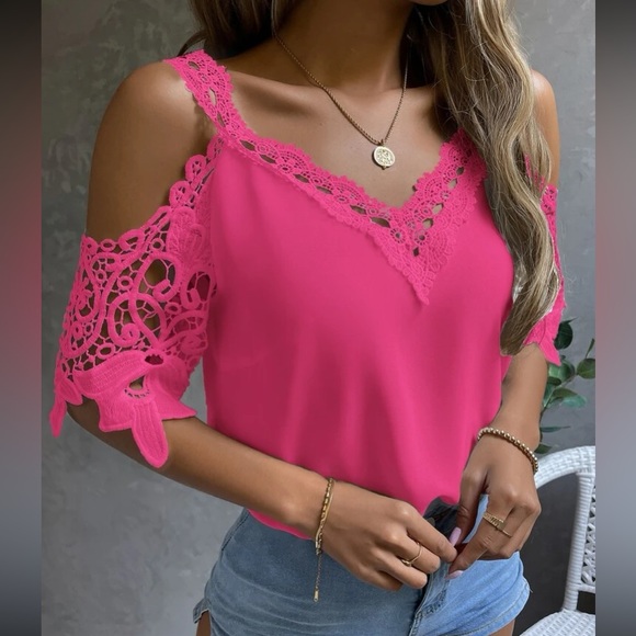 New!! Boho hot pink lace cold shoulder top - Picture 6 of 7